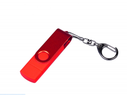 USB-флешка на 64 ГБ 3 в 1 поворотный механизм, c двумя дополнительными разъемами MicroUSB и TypeC C с одноцветным металлическим клипом, красный