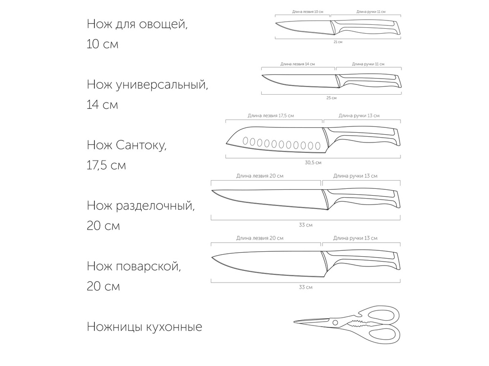 Набор из 5 кухонных ножей, ножниц и блока для ножей с ножеточкой, NADOBA, серия URSA