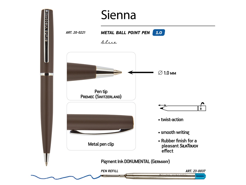 Ручка Sienna шариковая  автоматическая, коричневый металлический корпус, 1.0 мм, синяя