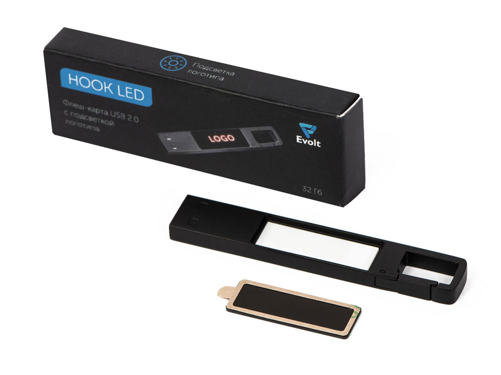 USB 2.0- флешка на 32 Гб c подсветкой логотипа Hook LED, темно-серый, красная подсветка